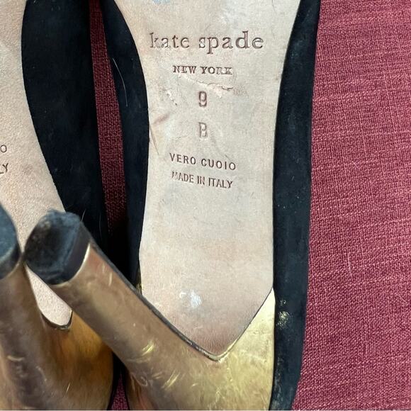 KATE SPADE Black Suede Pointy Gold Cap Toe and Gold Stiletto Heels Pumps 9B - Picture 4 of 8